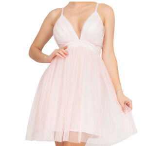 HAUTE MONDE IRIS PLUNGING-V CRISSCROSS OPEN BACK TULLE MINI DRESS PINK LARGE NWT